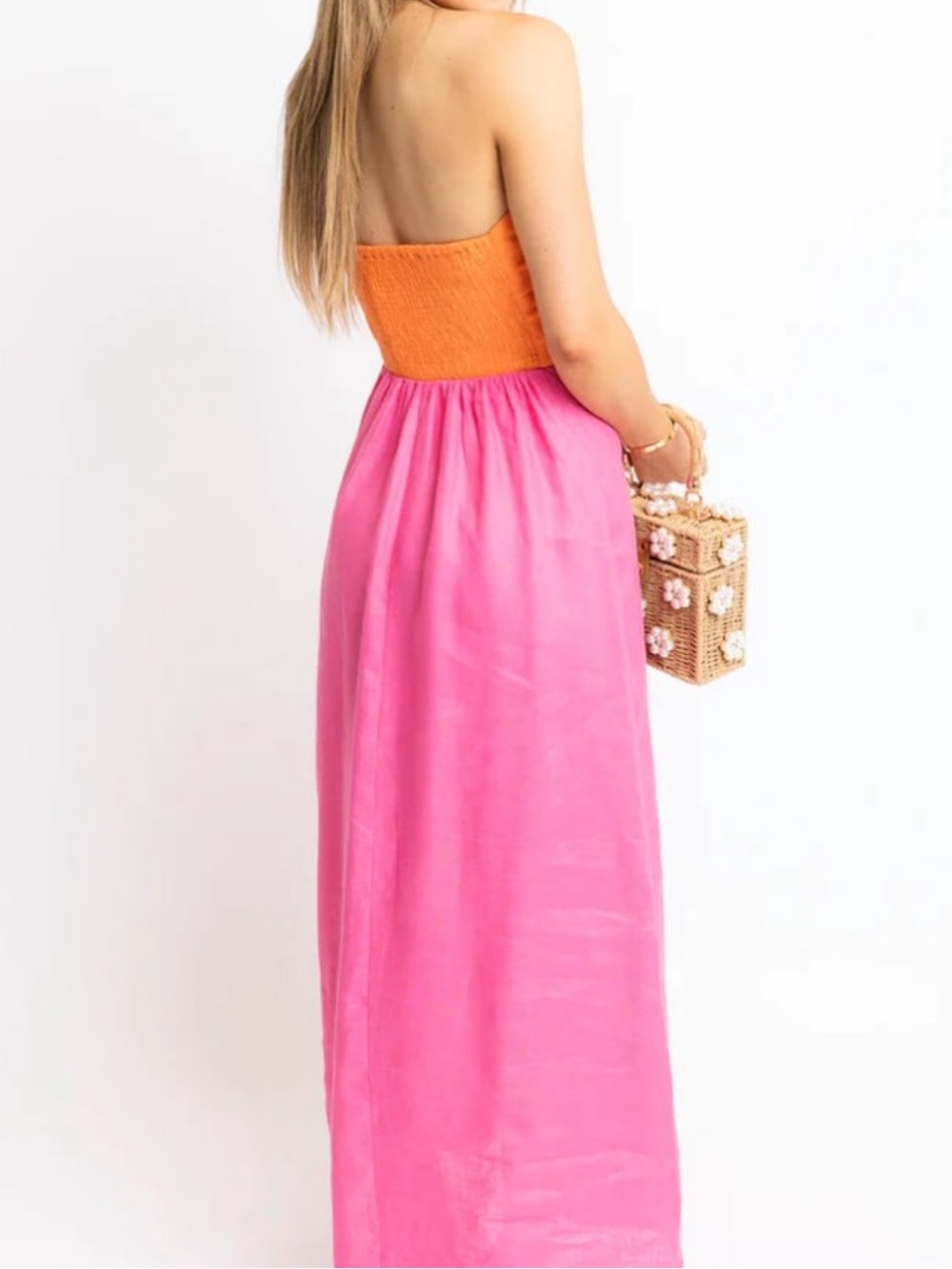 Karlie Boutique Colorblock Linen Bustier Maxi Dress Pink & Orange Small NWT $138 - Picture 3 of 9